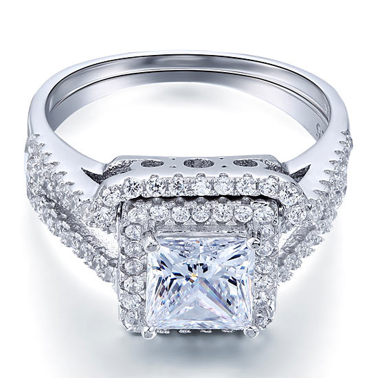 1.5 Carat Princess Simulated Diamond Solid 925 Sterling Silver Wedding Promise Engagement Ring Set