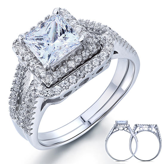 1.5 Carat Princess Simulated Diamond Solid 925 Sterling Silver Wedding Promise Engagement Ring Set