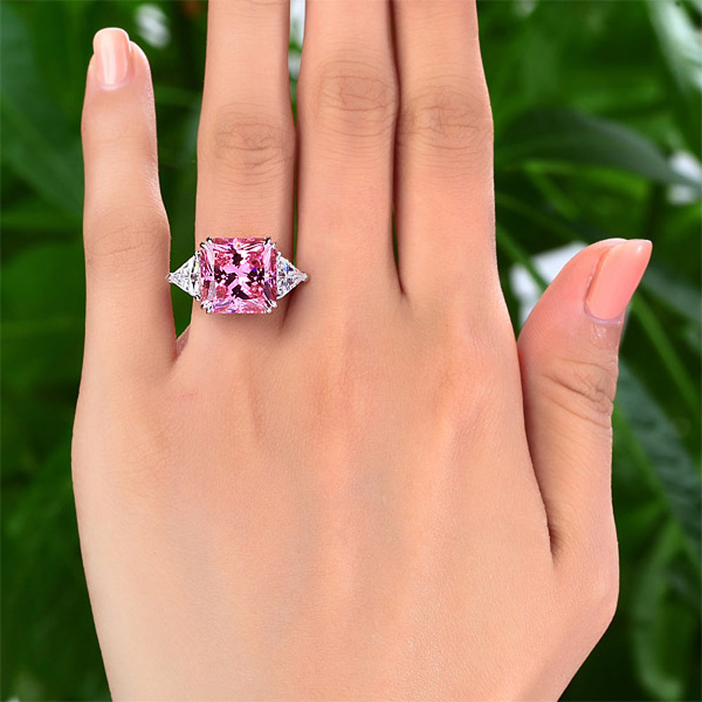 925 Sterling Silver Three-Stone Luxury Ring 8 Carat Fancy Pink Simulated Diamond