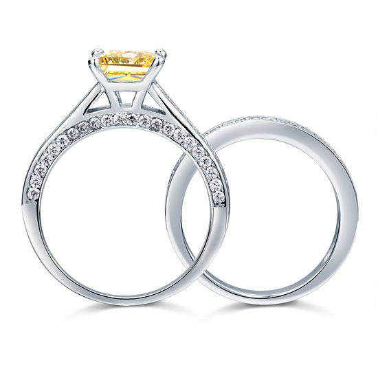 1.5 Ct Princess Cut Yellow Canary Solid 925 Sterling Silver 2-Pcs Wedding Ring Set