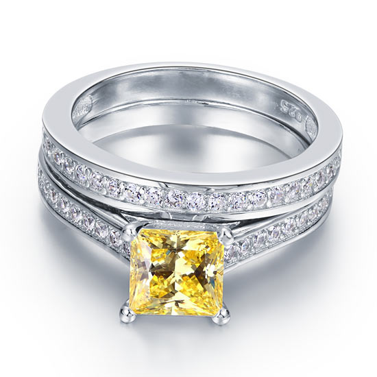 1.5 Ct Princess Cut Yellow Canary Solid 925 Sterling Silver 2-Pcs Wedding Ring Set