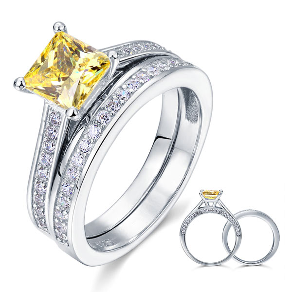 1.5 Ct Princess Cut Yellow Canary Solid 925 Sterling Silver 2-Pcs Wedding Ring Set