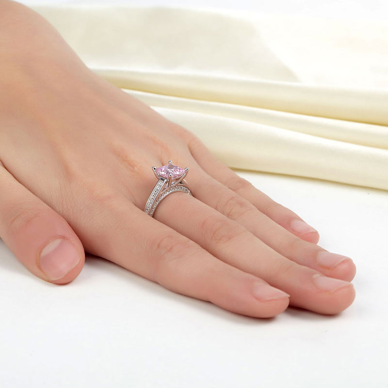 1.5 Carat Princess Cut Fancy Pink Simulated Diamond 925 Sterling Silver Wedding Engagement Ring