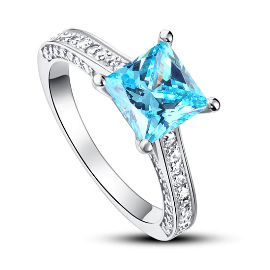 1.5 Carat Princess Cut Fancy Blue Simulated Diamond 925 Sterling Silver Wedding Engagement Ring
