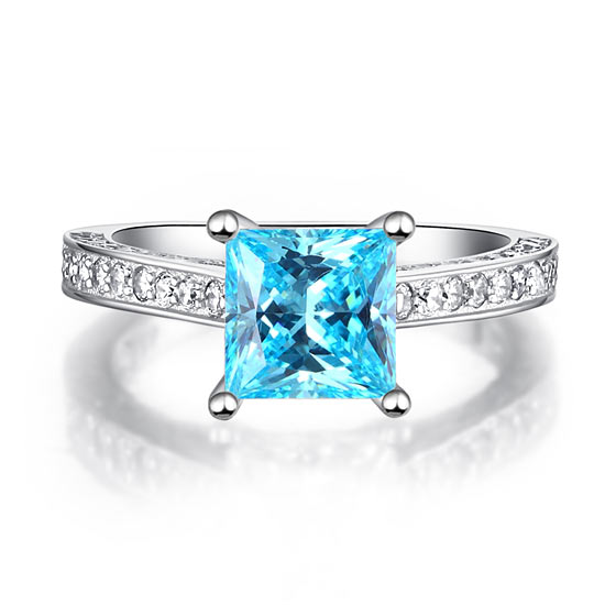1.5 Carat Princess Cut Fancy Blue Simulated Diamond 925 Sterling Silver Wedding Engagement Ring
