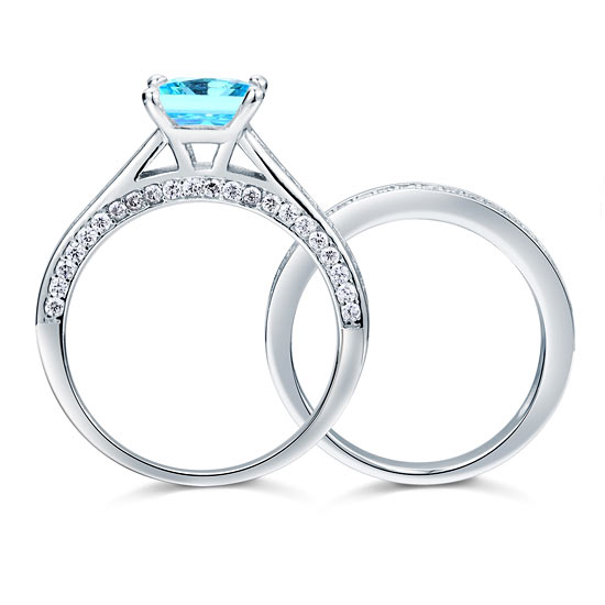 1.5 Carat Princess Cut 2-Pcs Fancy Blue Simulated Diamond 925 Sterling Silver Wedding Engagement Ring Set