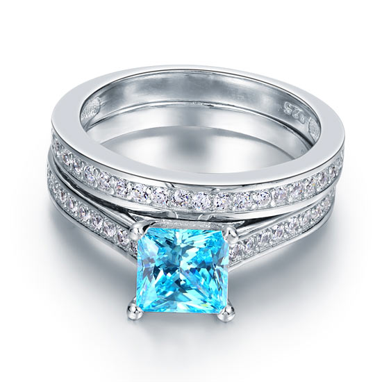 1.5 Carat Princess Cut 2-Pcs Fancy Blue Simulated Diamond 925 Sterling Silver Wedding Engagement Ring Set