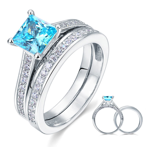 1.5 Carat Princess Cut 2-Pcs Fancy Blue Simulated Diamond 925 Sterling Silver Wedding Engagement Ring Set