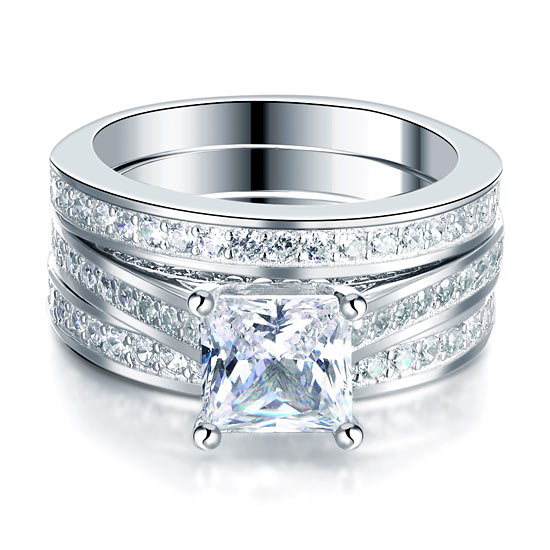 925 Sterling Silver 3 Pcs Wedding Engagement Ring Set Simulated Diamond