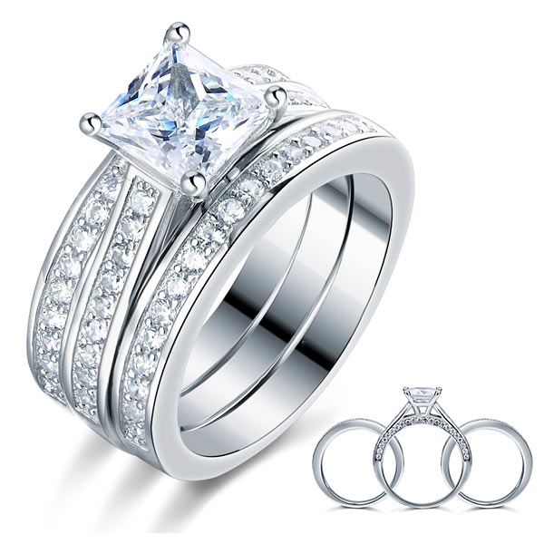 925 Sterling Silver 3 Pcs Wedding Engagement Ring Set Simulated Diamond