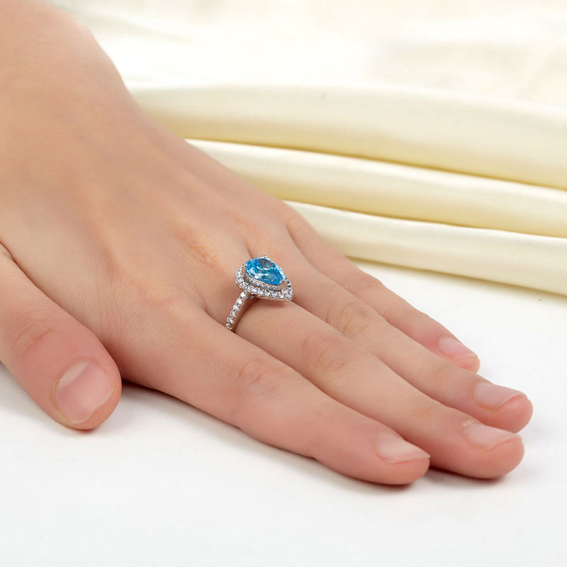 Sterling 925 Silver Wedding Engagement Ring Pear Blue Simulated Diamond Jewelry