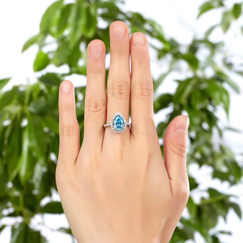 Sterling 925 Silver Wedding Engagement Ring Pear Blue Simulated Diamond Jewelry