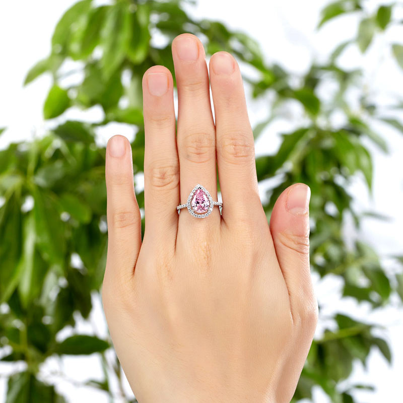 Sterling 925 Silver Wedding Engagement Ring Pear Fancy Pink Simulated Diamond Jewelry