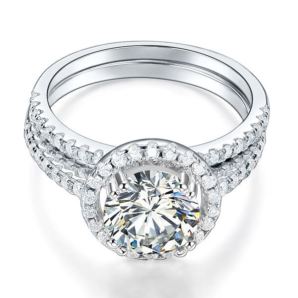 925 Sterling Silver Wedding Halo Ring Set 2 Carat Simulated Diamond