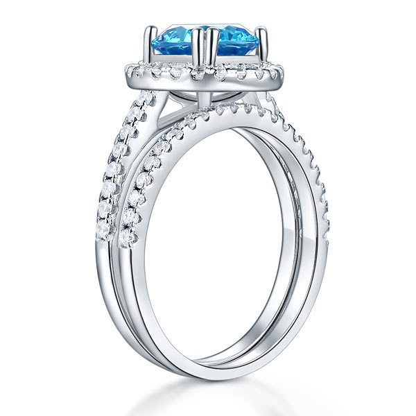 925 Sterling Silver Wedding Engagement Halo Ring Set 2 Carat Blue Simulated Diamond
