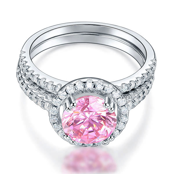 925 Sterling Silver Wedding Engagement Halo Ring Set 2 Carat Pink Simulated Diamond Wedding Jewelry