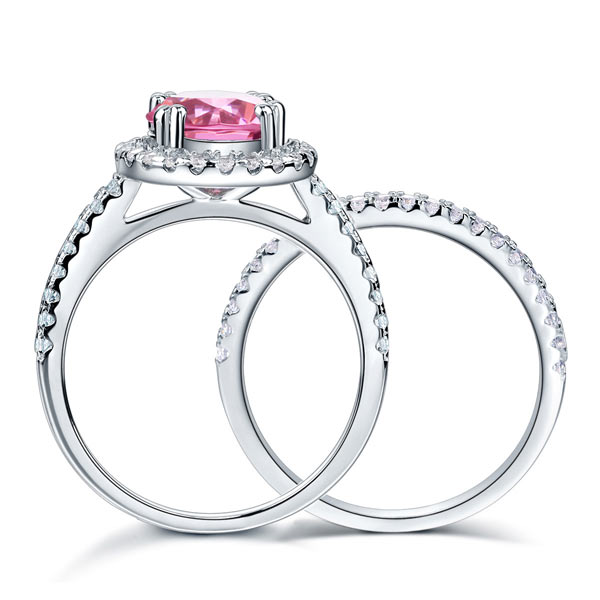 925 Sterling Silver Wedding Engagement Halo Ring Set 2 Carat Pink Simulated Diamond Wedding Jewelry