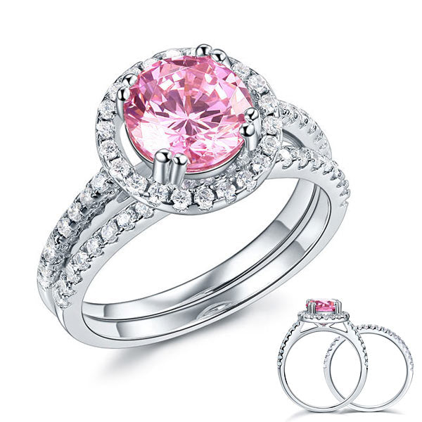 925 Sterling Silver Wedding Engagement Halo Ring Set 2 Carat Pink Simulated Diamond Wedding Jewelry