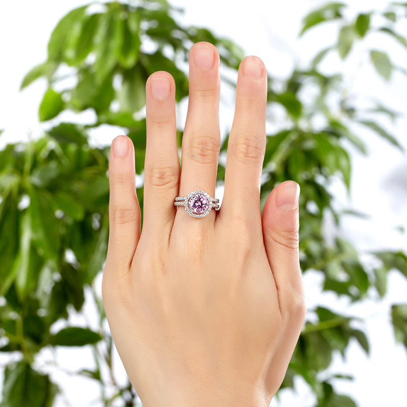 925 Sterling Silver Wedding Engagement Halo Ring Set 2 Carat Pink Simulated Diamond Wedding Jewelry
