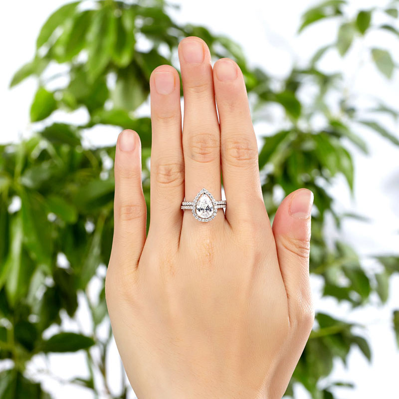 Solid Sterling 925 Silver Bridal Wedding Promise Engagement Ring Set 2 Ct Pear Jewelry
