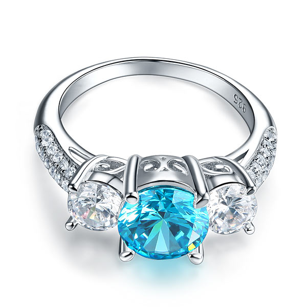 925 Sterling Silver 3-Stone Bridal Ring 2 Carat Simulated Blue Diamond Vintage Style Jewelry