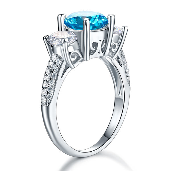 925 Sterling Silver 3-Stone Bridal Ring 2 Carat Simulated Blue Diamond Vintage Style Jewelry