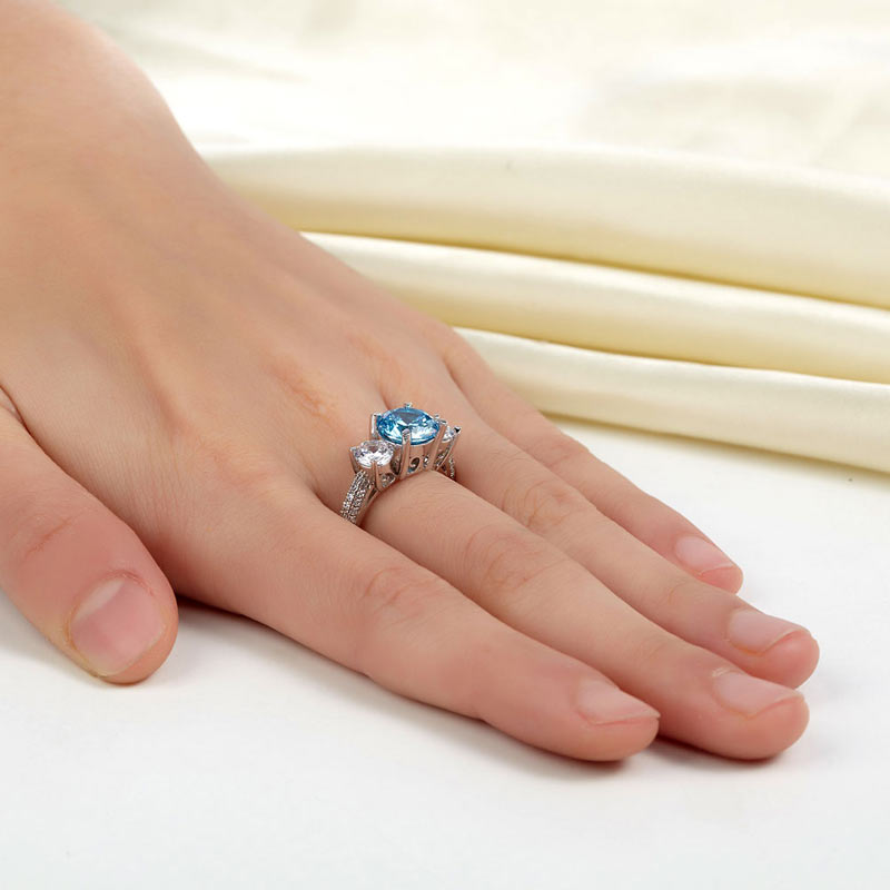 925 Sterling Silver 3-Stone Bridal Ring 2 Carat Simulated Blue Diamond Vintage Style Jewelry