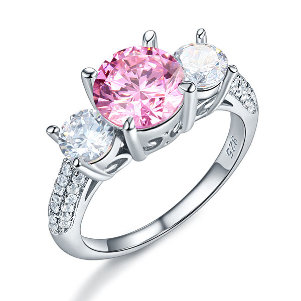 925 Sterling Silver 3-Stone Wedding Ring 2 Carat Fancy Pink Simulated Diamond Jewelry Vintage Style