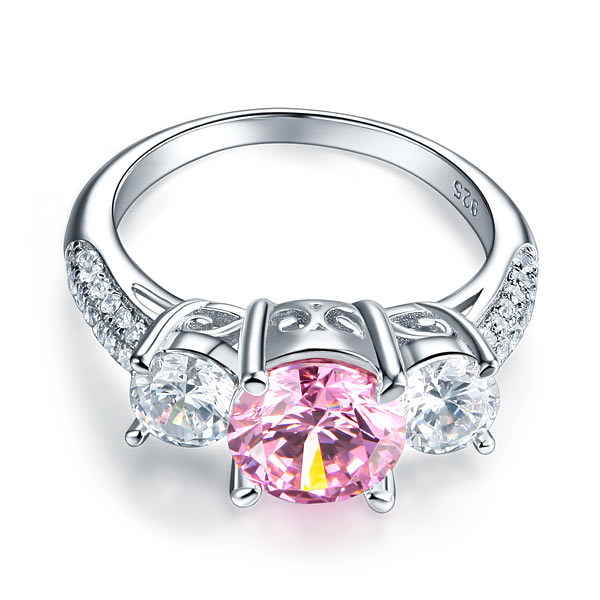925 Sterling Silver 3-Stone Wedding Ring 2 Carat Fancy Pink Simulated Diamond Jewelry Vintage Style