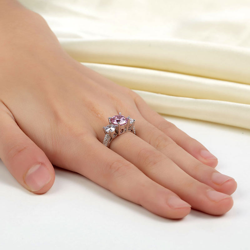 925 Sterling Silver 3-Stone Wedding Ring 2 Carat Fancy Pink Simulated Diamond Jewelry Vintage Style