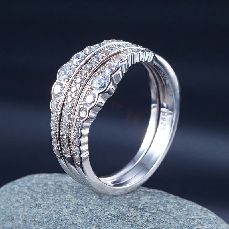 Solid 925 Sterling Silver Wedding Band Ring Set 3-Pieces Anniversary
