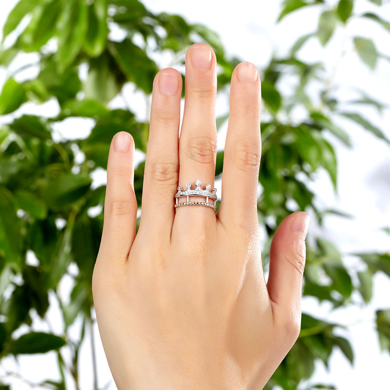 Solid 925 Sterling Silver Ring Crown Shape Simulated Diamond for Lady Trendy Stylish Jewelry