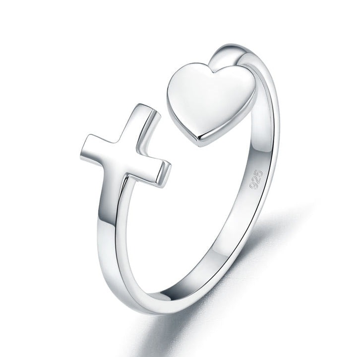 Plain Solid 925 Sterling Silver Ring Cross Heart for Lady Trendy Stylish
