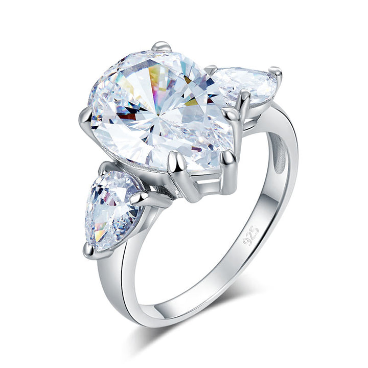Pear Cut 4 Carat Solid 925 Sterling Silver Ring Three-Stone Pageant Luxury Jewelry