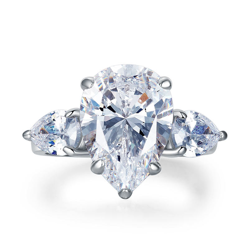 Pear Cut 4 Carat Solid 925 Sterling Silver Ring Three-Stone Pageant Luxury Jewelry