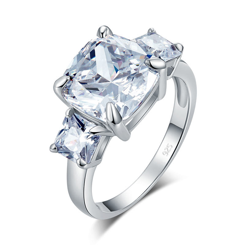 Cushion Cut 4 Carat Solid 925 Sterling Silver Ring Three-Stone Pageant Luxury Jewelry