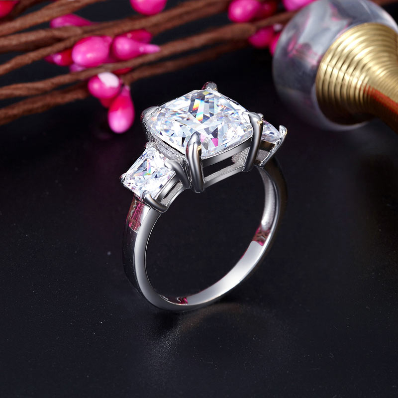 Cushion Cut 4 Carat Solid 925 Sterling Silver Ring Three-Stone Pageant Luxury Jewelry