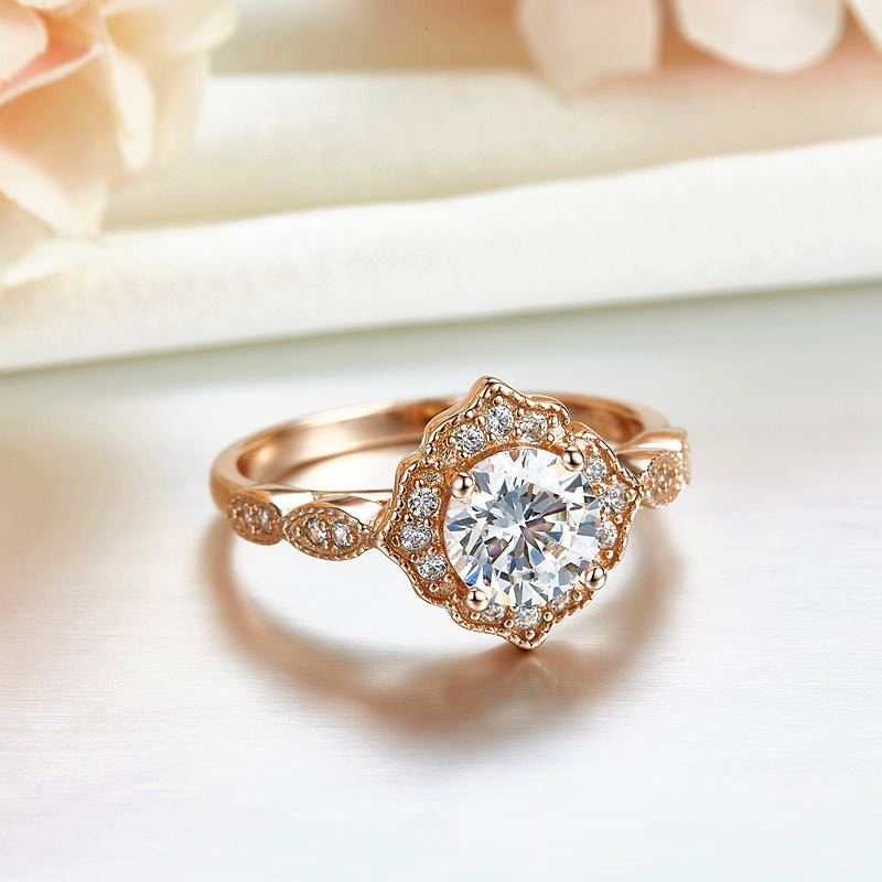 Vintage Style Art Deco Ring Solid 925 Sterling Silver Rose Gold Plated 1 Carat