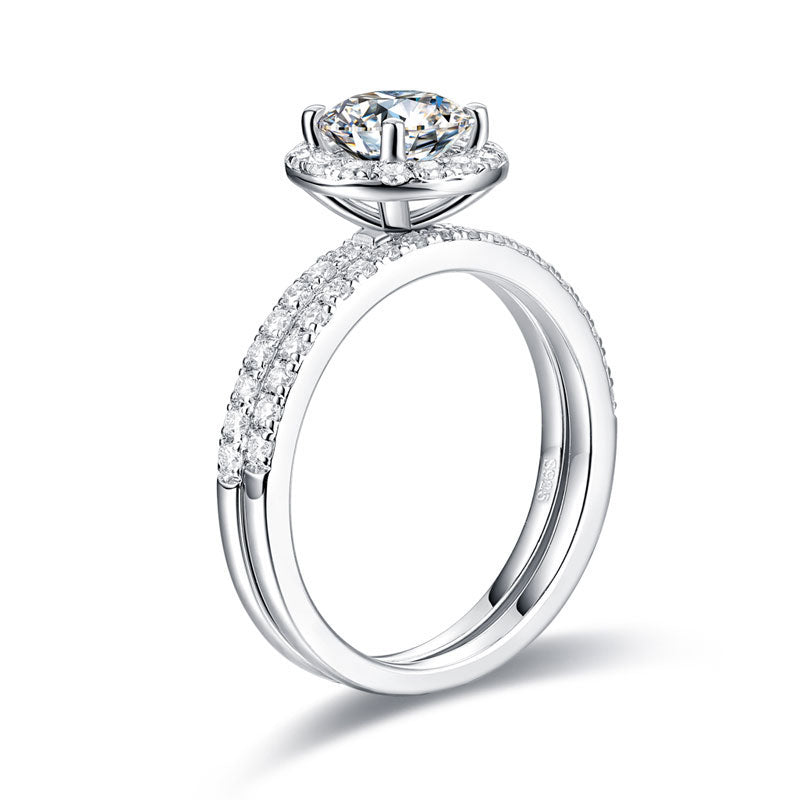 1 Carat Moissanite Diamond Halo Ring Set (1 pcs / 2 pcs) 925 Sterling Silver