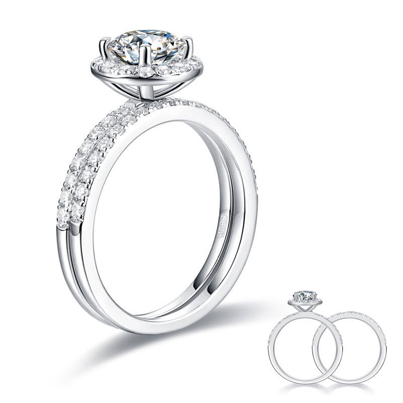 1 Carat Moissanite Diamond Halo Ring Set (1 pcs / 2 pcs) 925 Sterling Silver