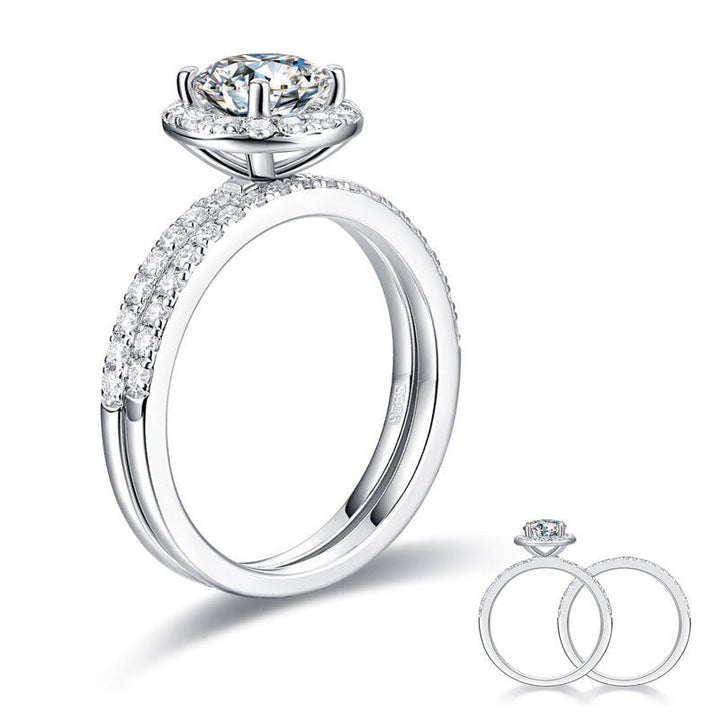 1 Carat Moissanite Diamond Halo Ring Set (1 pcs / 2 pcs) 925 Sterling Silver