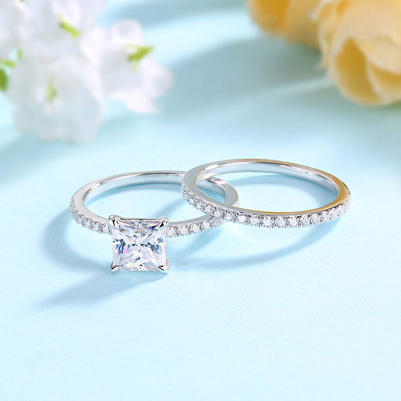 Princess Cut 1 Carat Moissanite Diamond  Ring Set (1 pcs / 2 pcs) 925 Sterling Silver