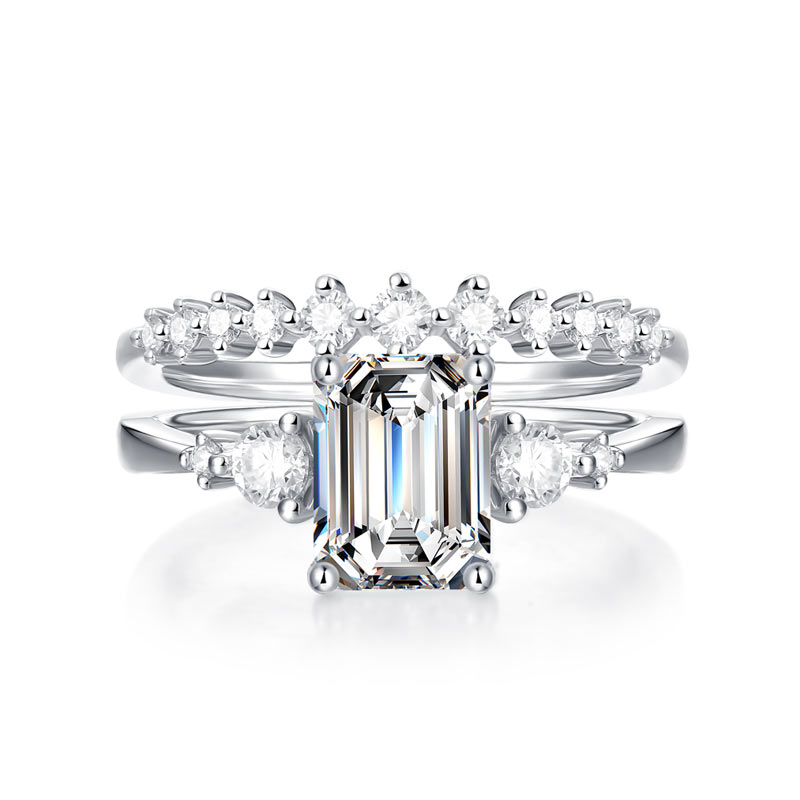 2 Carat Emerald Cut Moissanite Diamond  Ring Set ( 2 pcs) 925 Sterling Silver