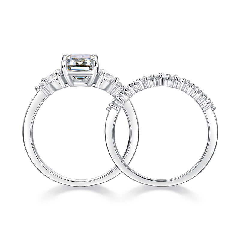 2 Carat Emerald Cut Moissanite Diamond  Ring Set ( 2 pcs) 925 Sterling Silver